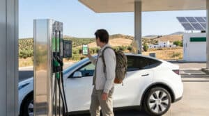 Un homme avec un sac à dos utilise son smartphone pour payer le carburant à une station-service moderne en Espagne.