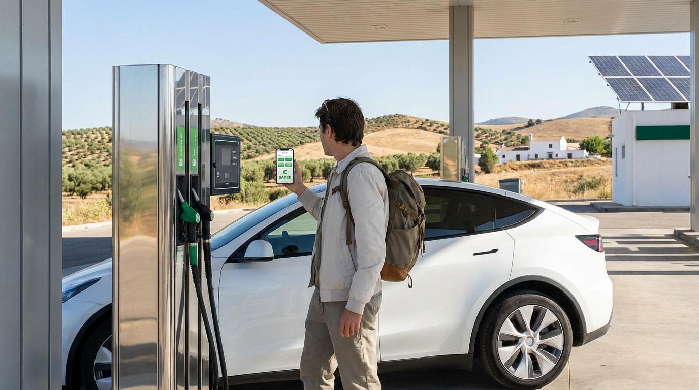 Un homme avec un sac à dos utilise son smartphone pour payer le carburant à une station-service moderne en Espagne.
