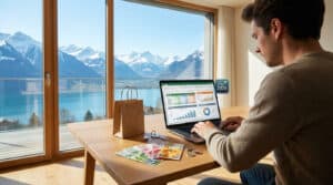 Un homme travaillant sur un ordinateur portable affichant des graphiques financiers devant une vue sur les Alpes suisses.