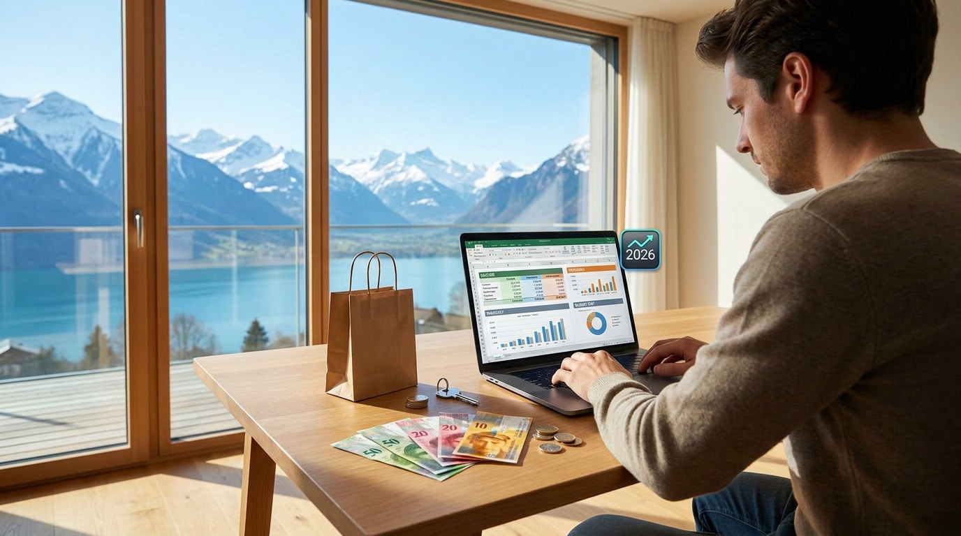 Un homme travaillant sur un ordinateur portable affichant des graphiques financiers devant une vue sur les Alpes suisses.