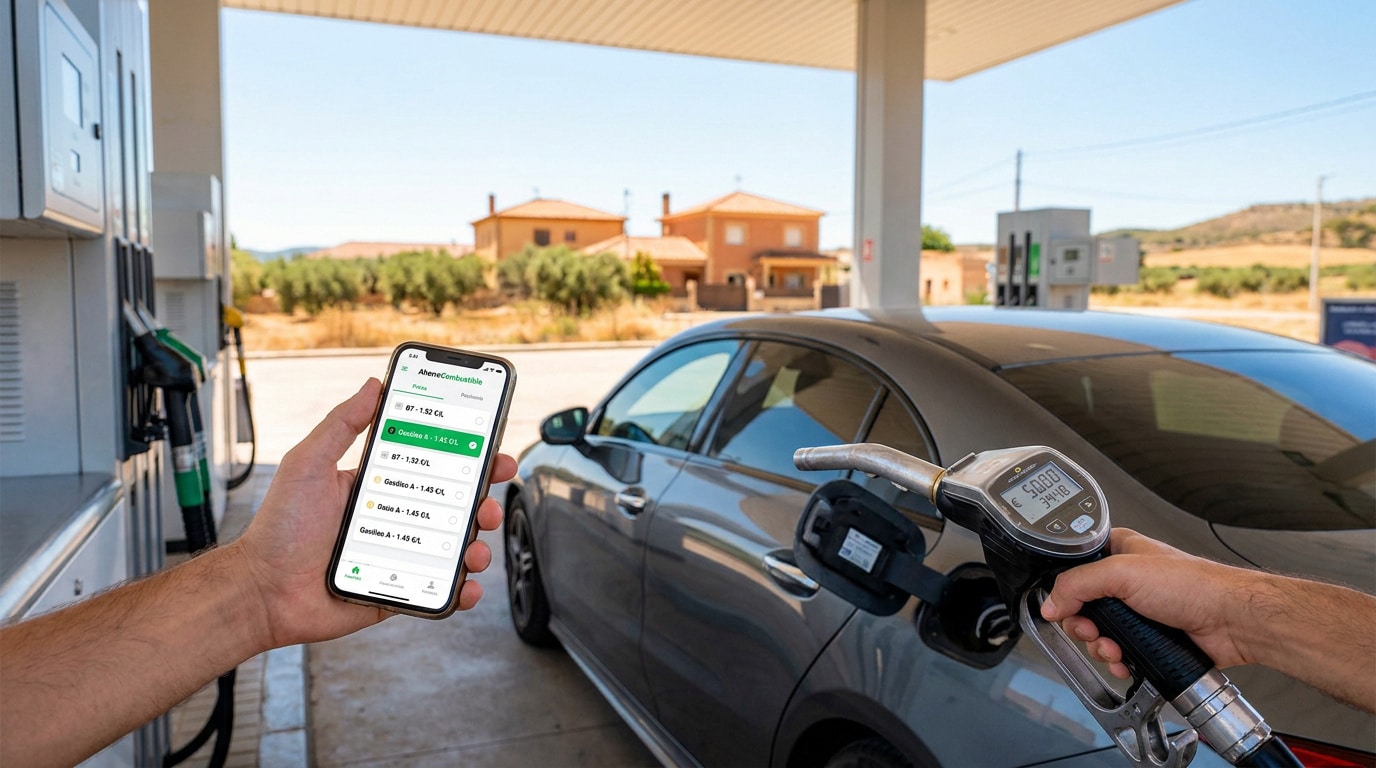 Une main tient un smartphone affichant des prix de carburant tandis que l'autre main tient un pistolet de pompe à essence.