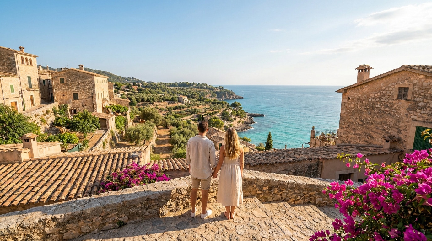 Un couple admirant la vue sur un village méditerranéen en pierre et la mer turquoise en été.