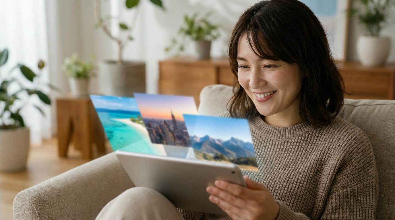 Une femme souriante consulte des images de destinations de vacances sur une tablette numérique.