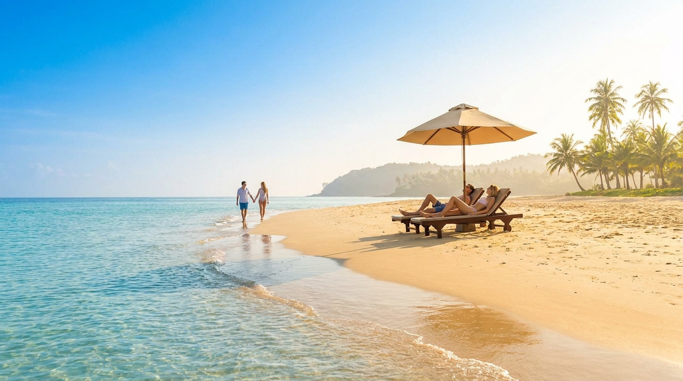 Un couple marche sur une plage paradisiaque alors qu'un autre se détend sous un parasol face à une mer turquoise.