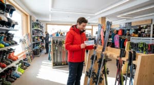 Un homme en veste rouge tenant un chèque vacances devant des skis dans un magasin Intersport.