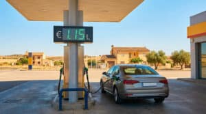 Une voiture faisant le plein à une station-service espagnole avec un écran numérique affichant le prix du carburant.