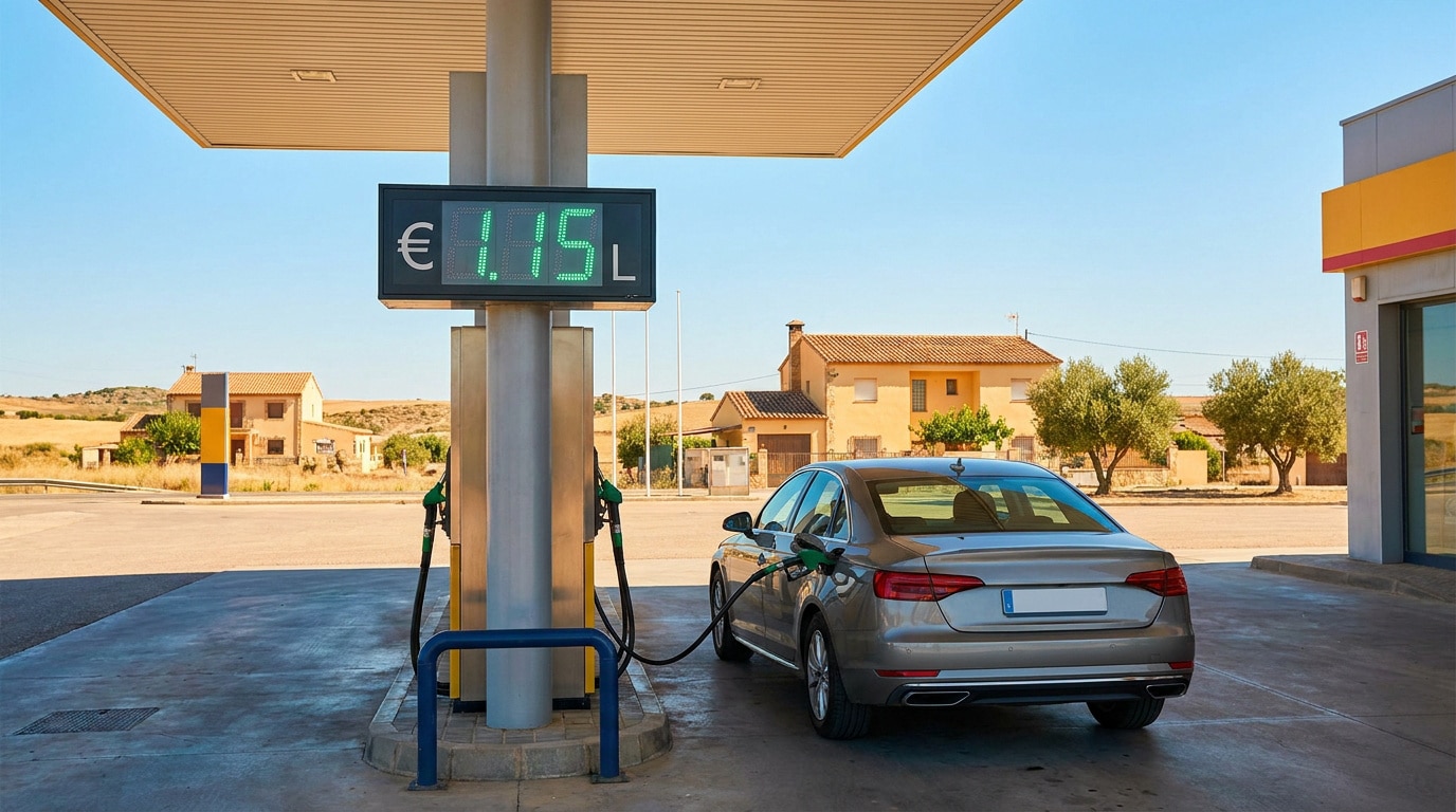 Une voiture faisant le plein à une station-service espagnole avec un écran numérique affichant le prix du carburant.