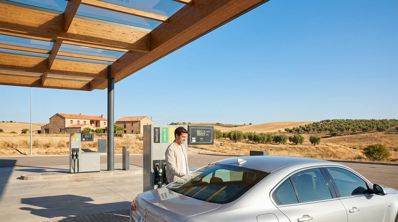 Un homme fait le plein de sa voiture dans une station-service moderne en Espagne avec un paysage rural en arrière-plan.