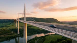 Vue aérienne du Viaduc de Millau avec une voiture circulant au coucher du soleil sur un paysage verdoyant.